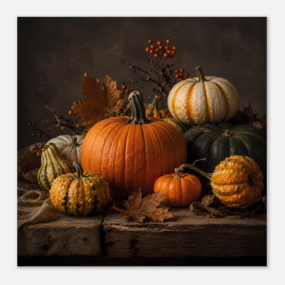 Herbstliche Kürbis-Komposition auf Premium-Poster mit orangefarbenem Kürbis und Zierkürbis