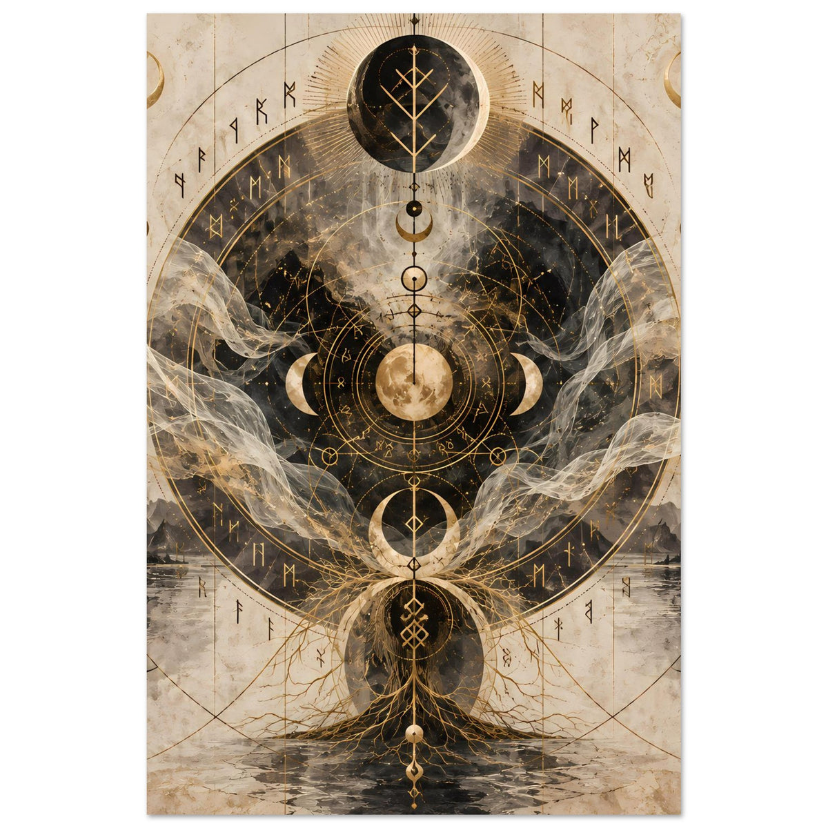 Wandposter mit mystischen Mondphasen in Gold, neutralen Tönen und runden Sternzeichen-Details