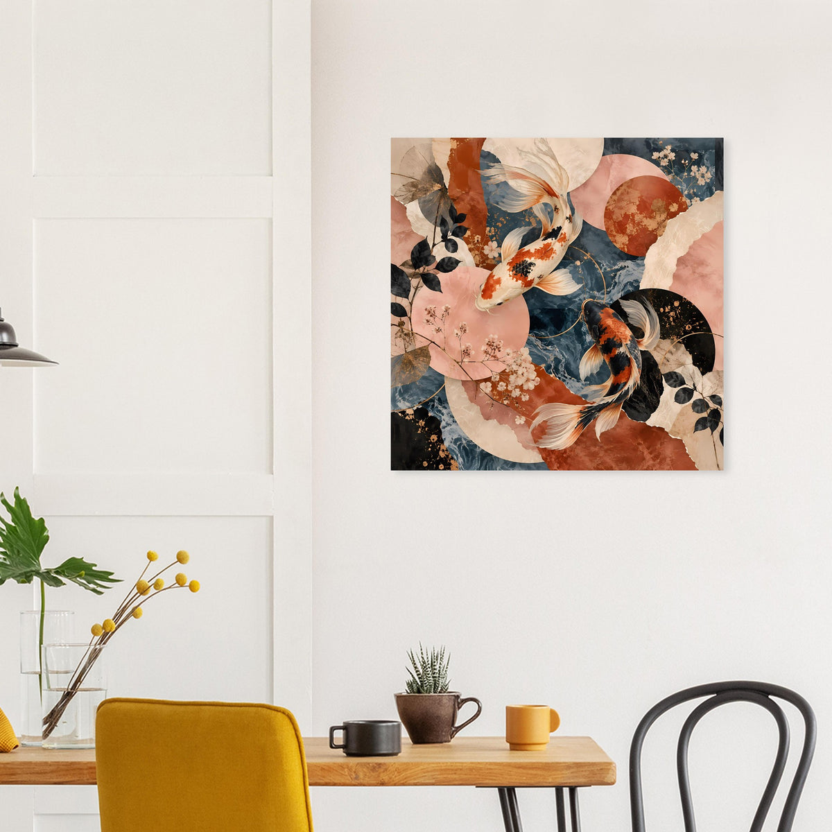 Gerahmtes Koi-Fische-Poster, abstrakte Koi-Flächen in Terrakotta und Dunkelblau, quadratisch