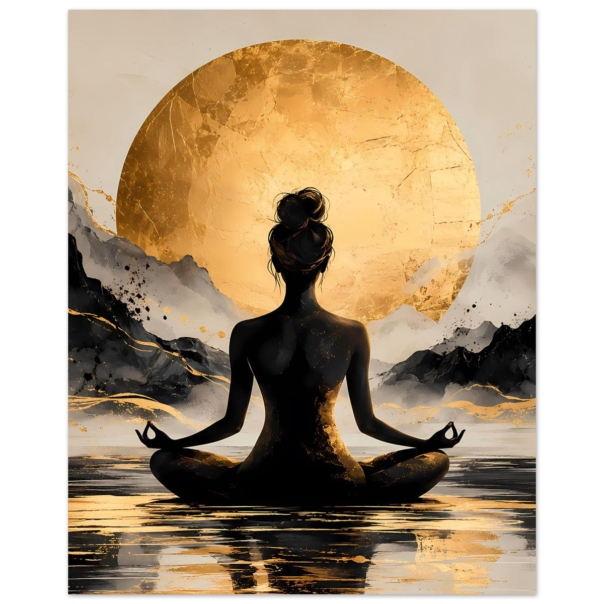 Poster im Hochformat mit Meditations-Silhouette, großer goldener Sonne und Berglandschaft
