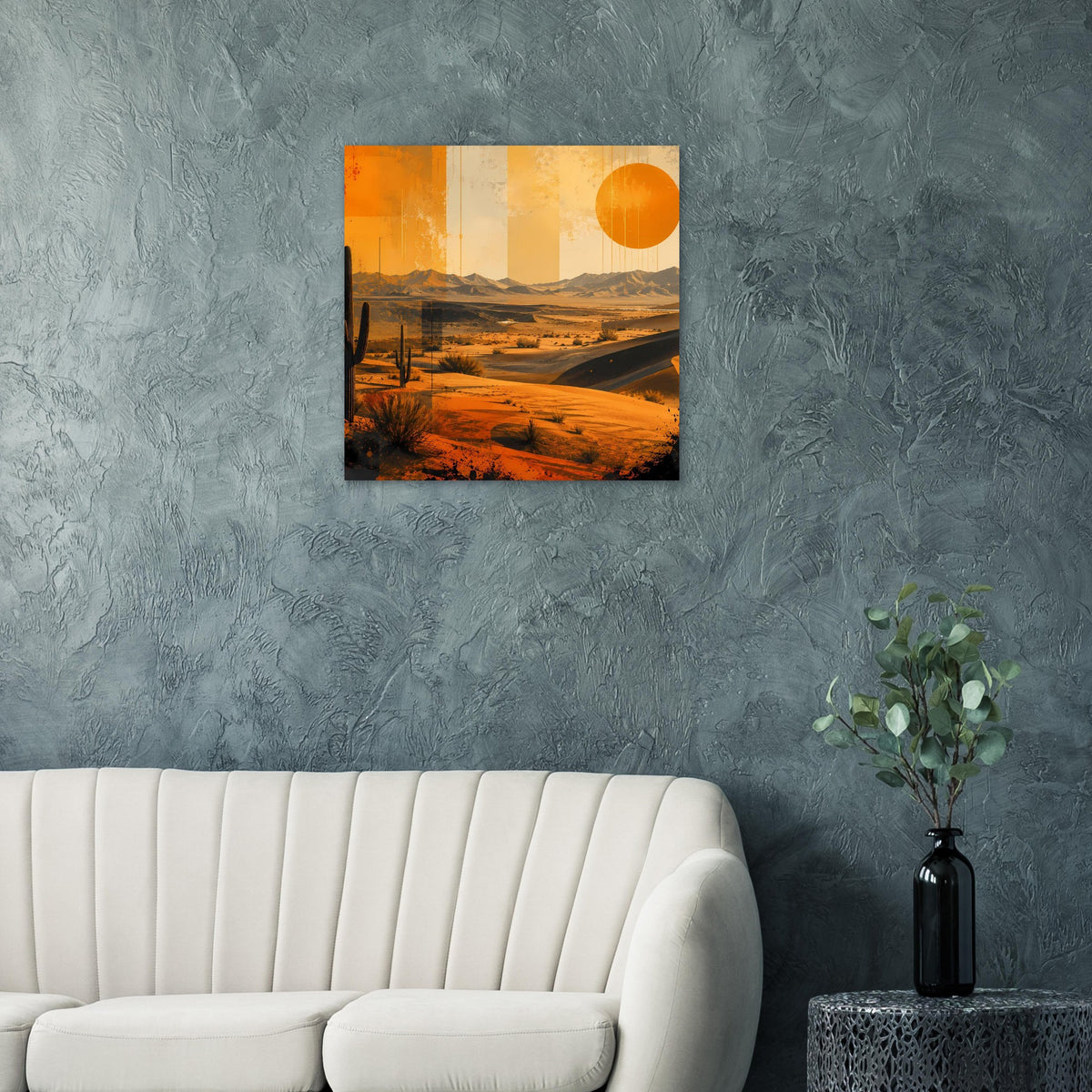 Wüstenposter mit Kakteen, Sanddünen und orangefarbener Sonne