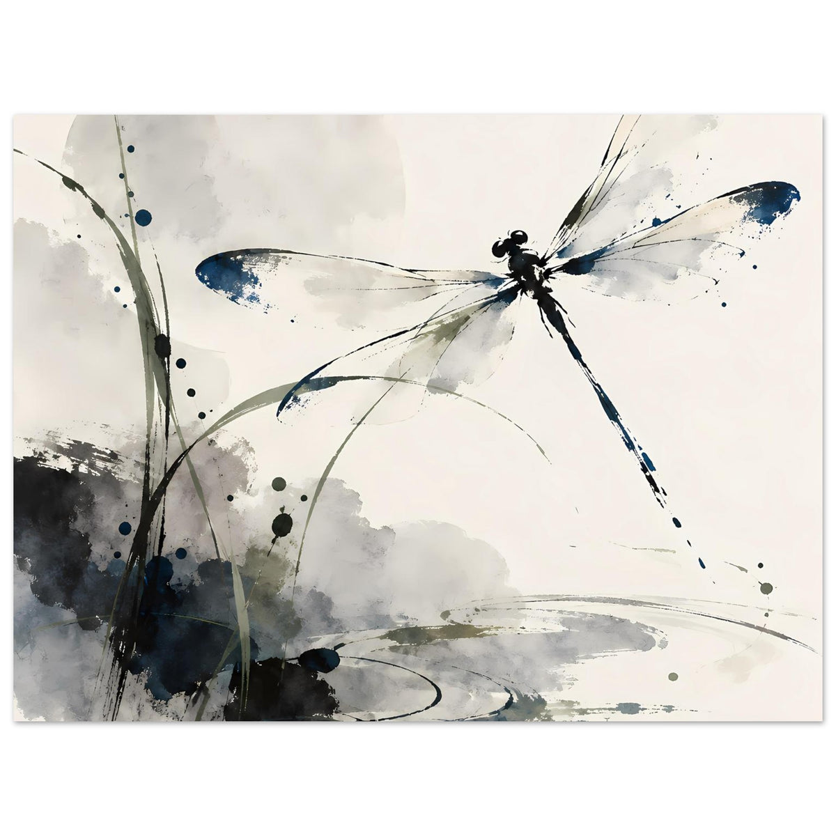 Aquarell-Poster mit Libelle in Blau, graue Farbflecken und Sprenkeldetails