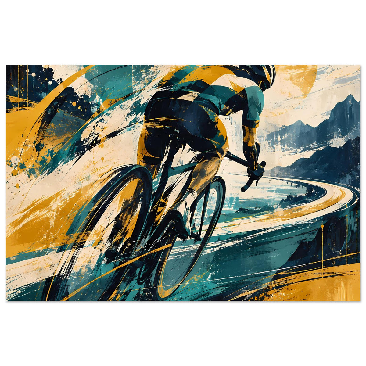 Sportposter im Querformat: Silhouette eines Radfahrers, abstrakte Landschaft in Blau und Gelb