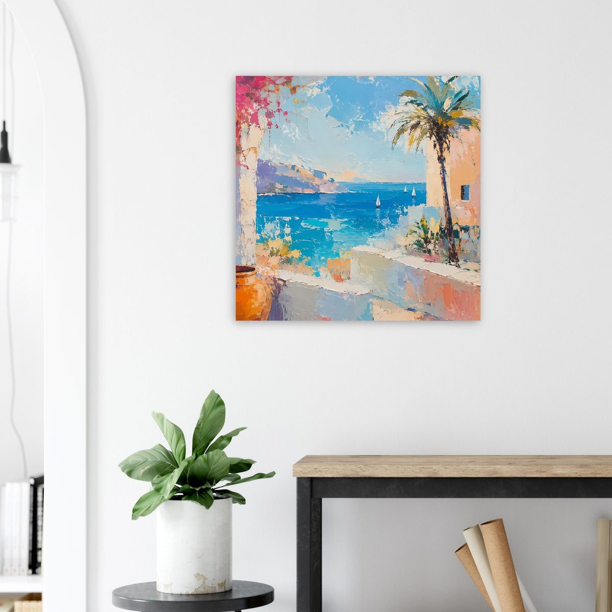 Quadratisches Wandposter mit Mittelmeer-Szene: Palme und Segelboote