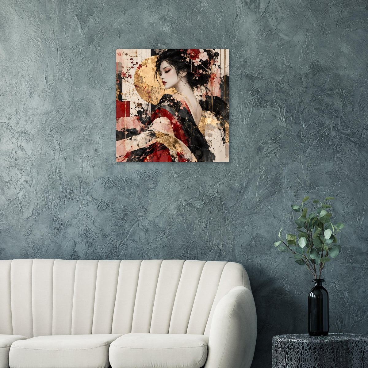 Querformat-Kunstposter mit Frauenporträt, Blumen im Haar und Goldsprenkeln