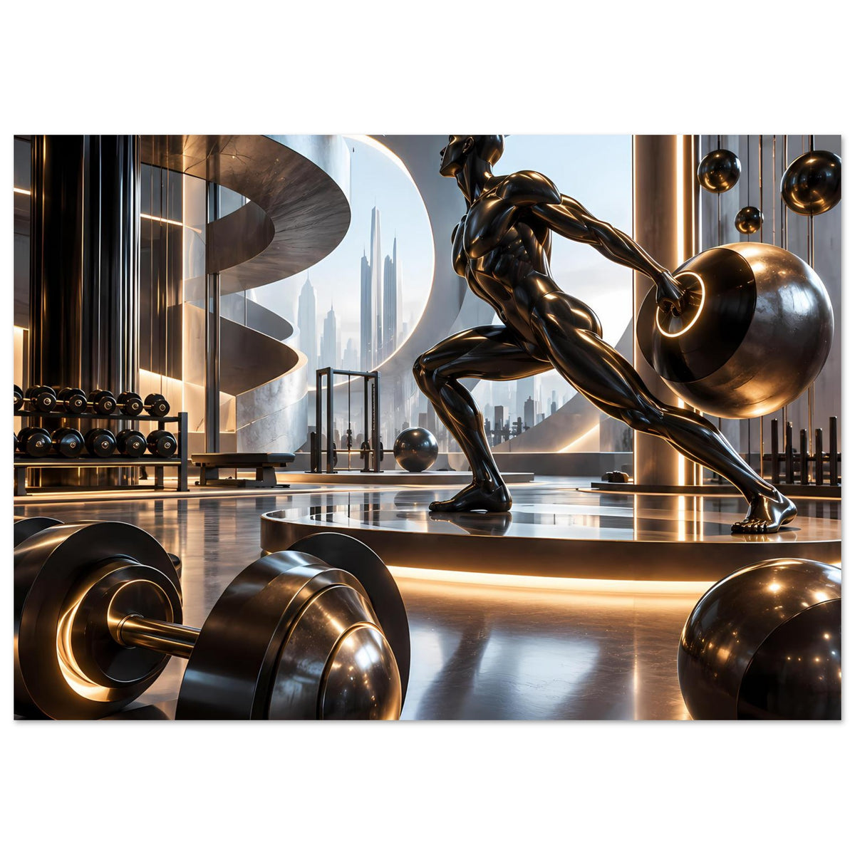 Fitnessposter mit Goldener Figur beim Hantelheben und großen Gewichten im Studio