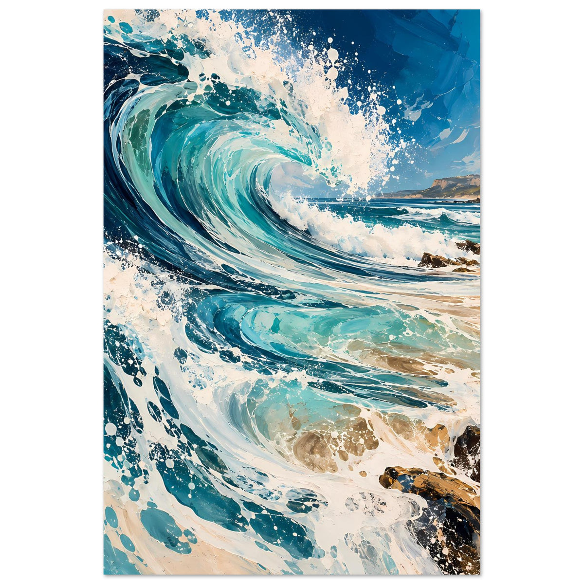 Hochformat-Poster mit Meereswelle in Türkis und Blau, weißer Gischt und felsigem Ufer unten rechts.