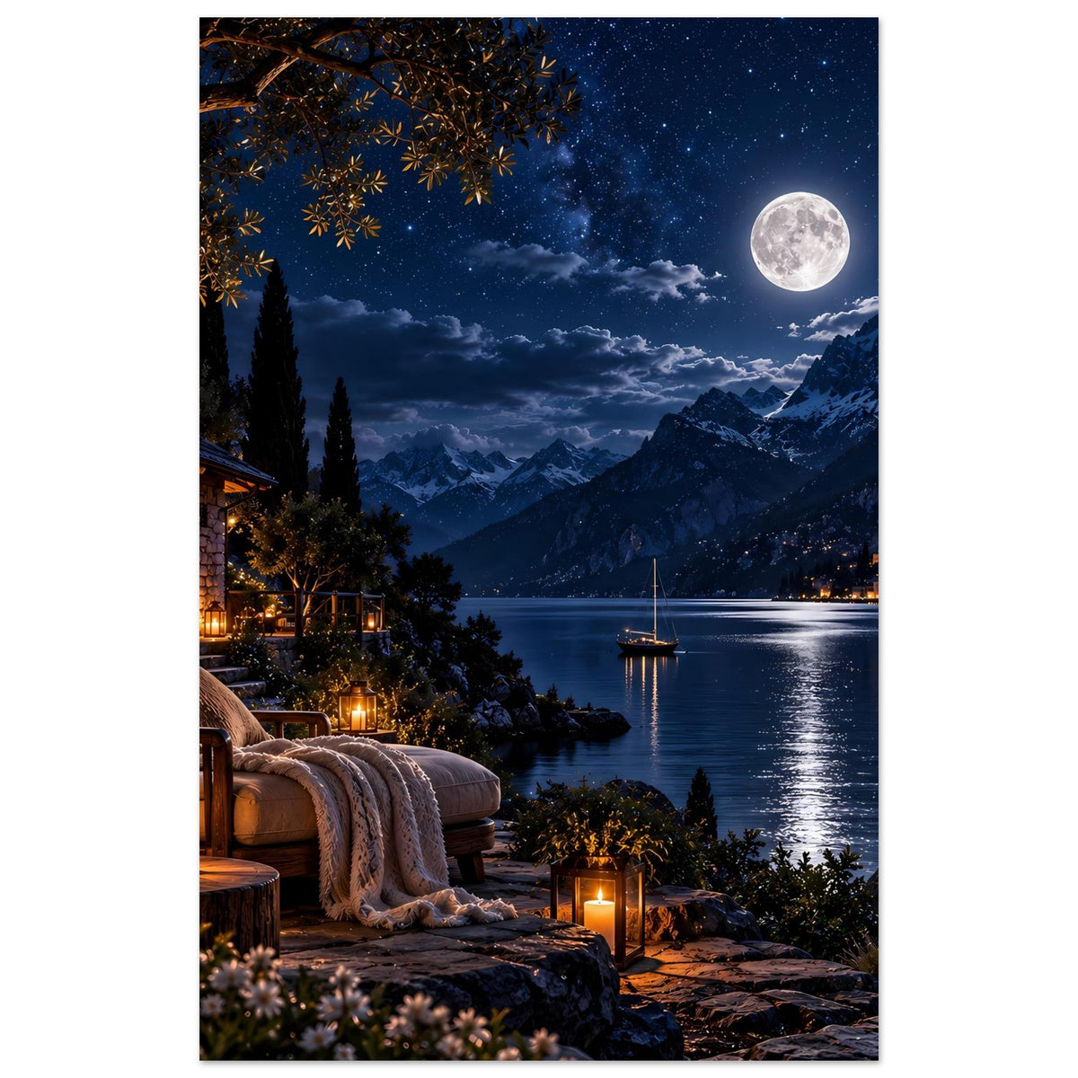 Vertikales Poster: Mond über ruhigem Bergsee, Hüttenschein, Laternen und Wolkenhimmel