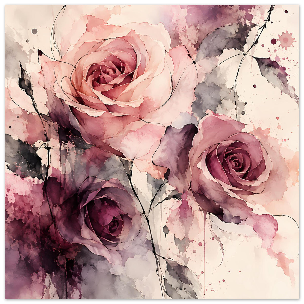 Wasserfarben-Rosenposter, große Rosen in Rosa und Pflaume, mit Sprenkeln und Ranken