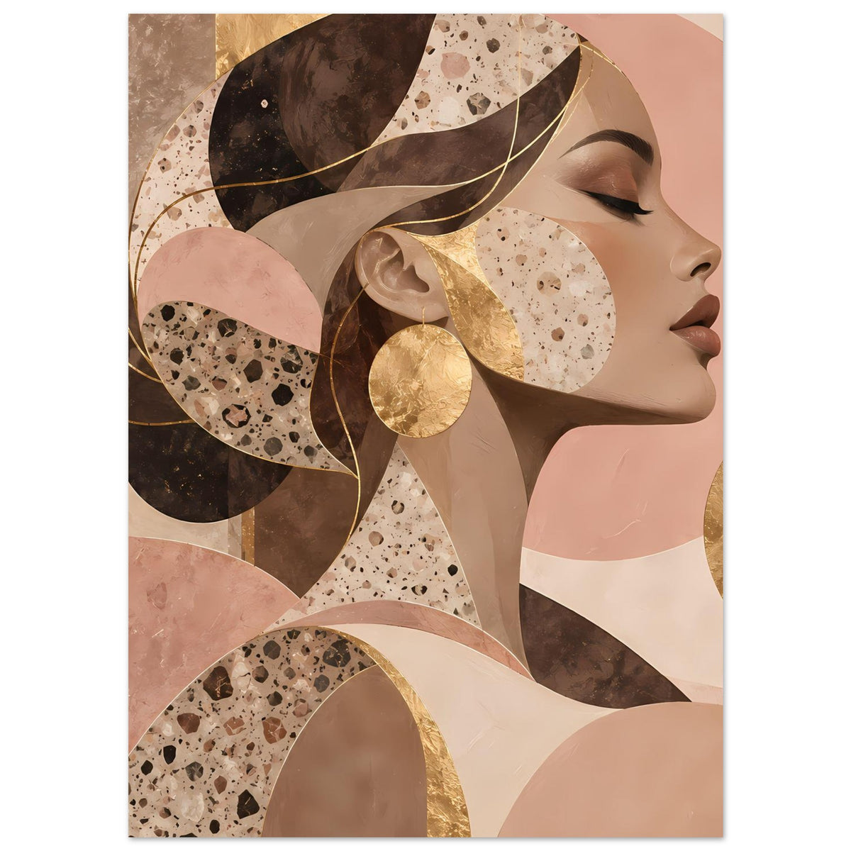 Kunst-Poster mit abstraktem Frauenprofil und dekorativen Bogenformen in warmem Gold und Beige
