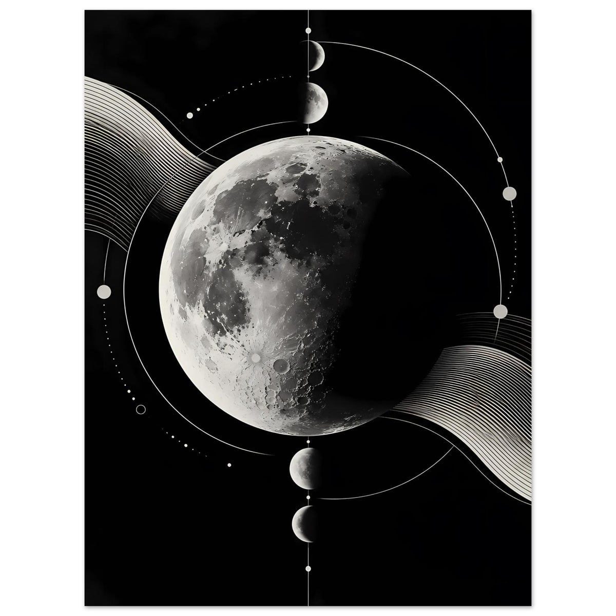 Poster mit Mondphasen: großer silbergrauer Mond, Linienringe, geschwungene Wellen und Kugelmarken