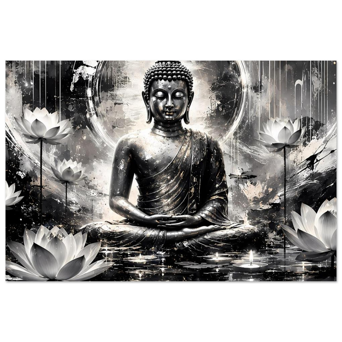 Schwarz-weißes Buddha-Motivposter, sitzender Buddha mit Mandorla und Lotusblüten im unteren Bereich