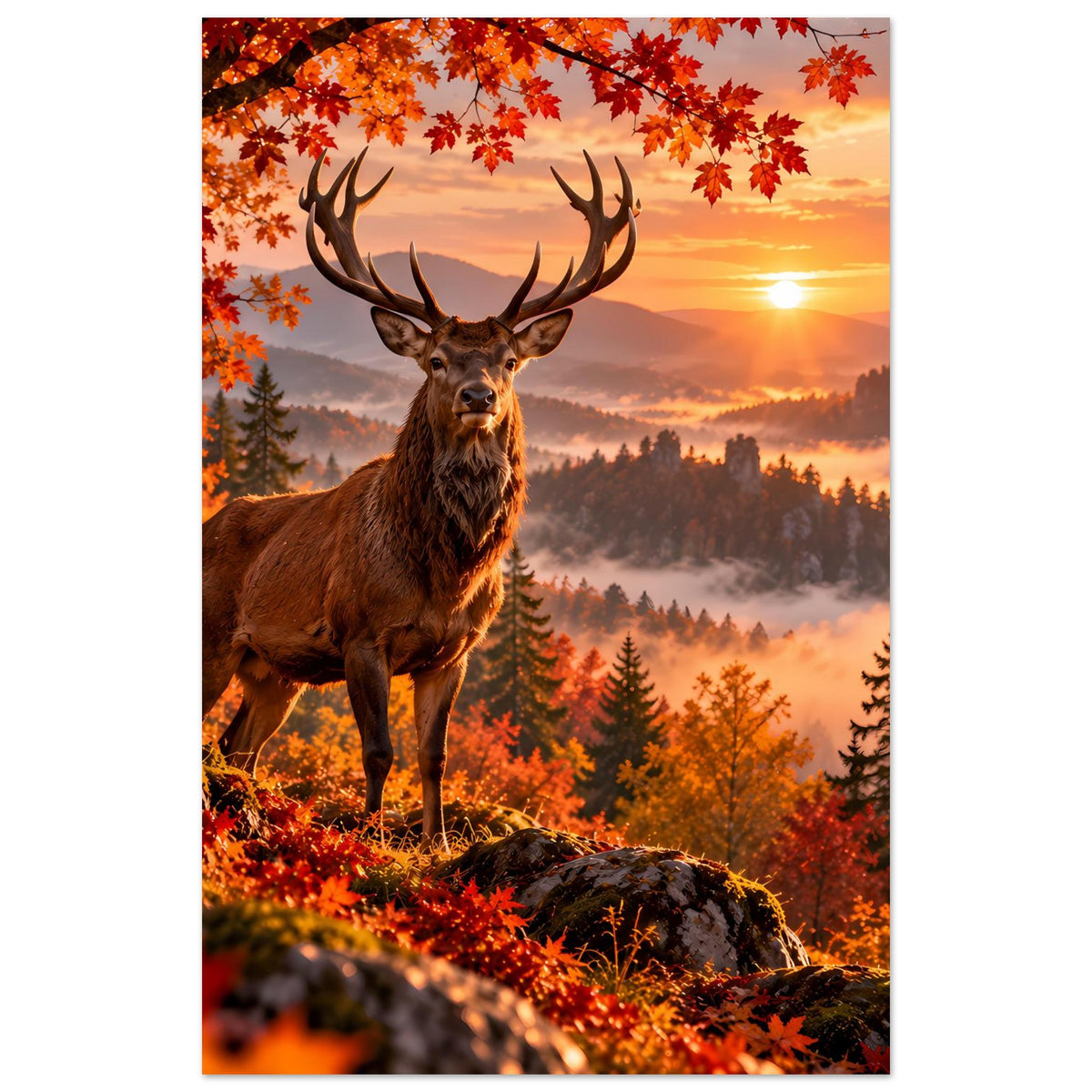 Hirsch-Poster im Hochformat: braunes Geweihtier, Herbstblätter oben, goldener Sonnenuntergang