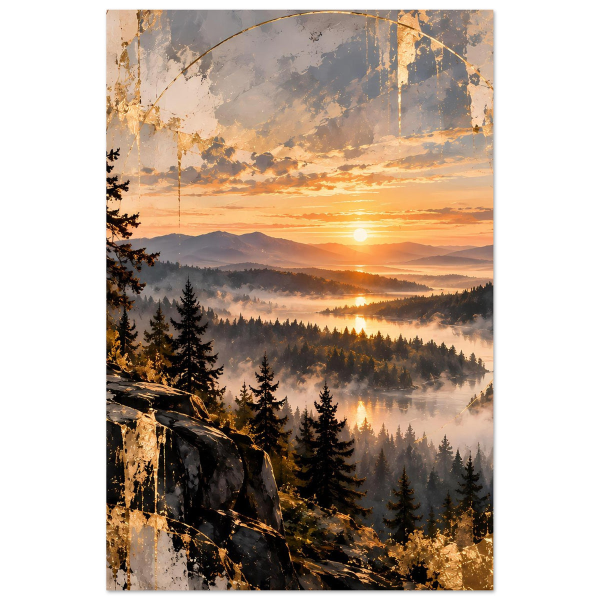 Landschaftsposter im Hochformat mit Sonnen, Wolkenmeer und Tannenwald, Nebel und goldene Linien