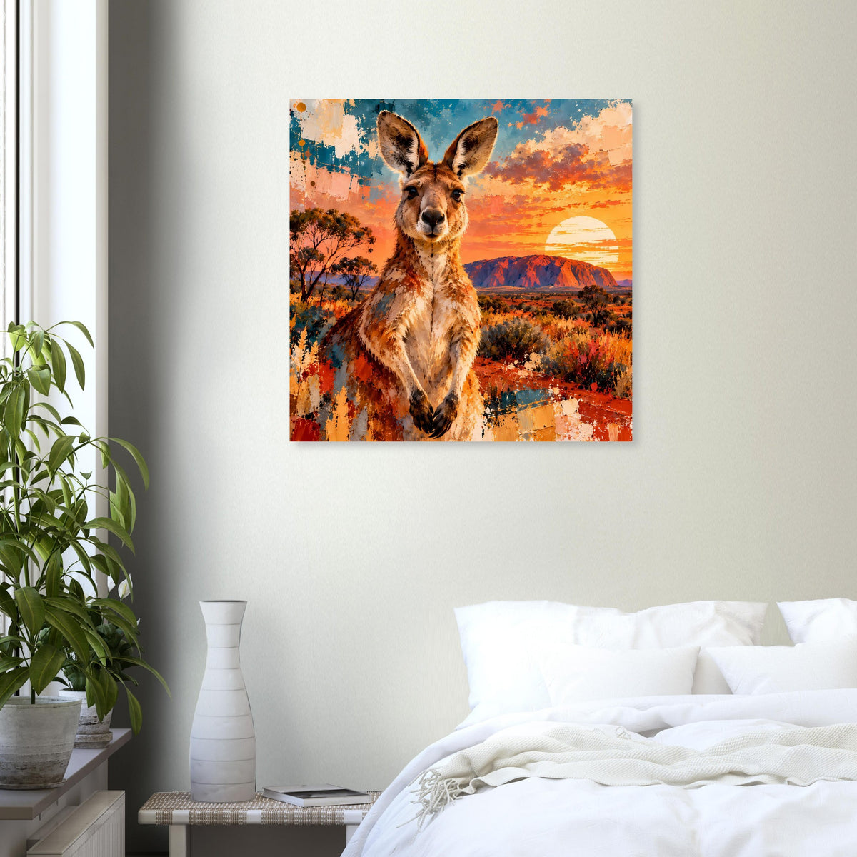 Känguru-Sonnenuntergang-Poster mit bunter Spritzoptik, quadratisch
