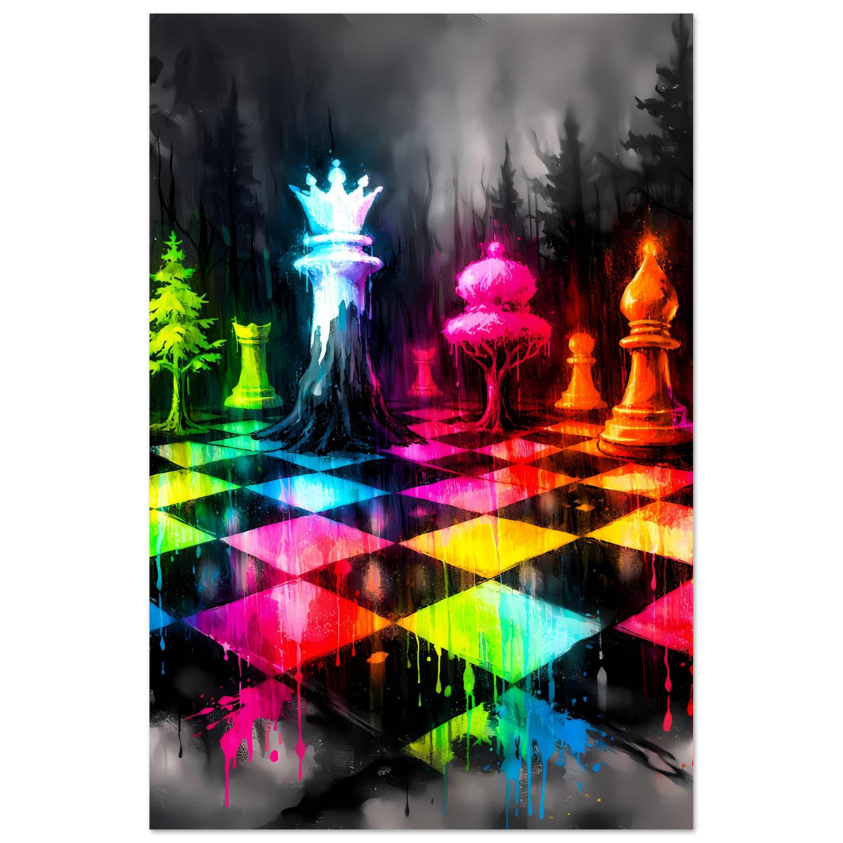 Leuchtendes Schachspiel-Poster mit bunten Neon-Figuren und hellen Schachbrettfeldern