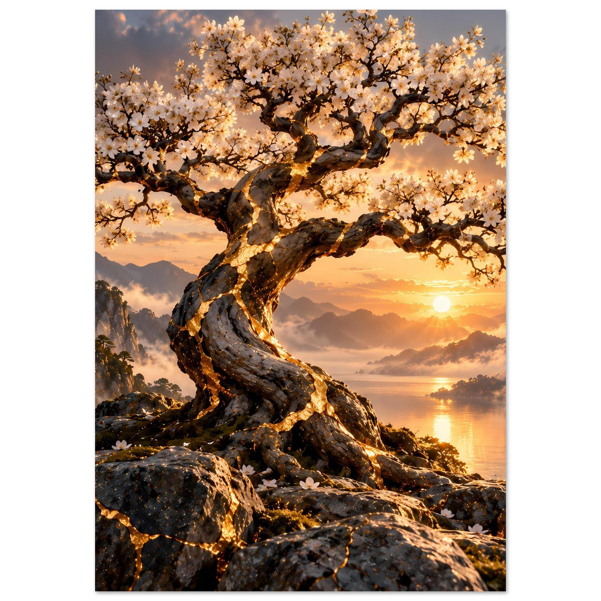 Blühendes Landschaftsposter, vertikal: knorriger Baum mit rosa Blüten und Felsen am Ufer