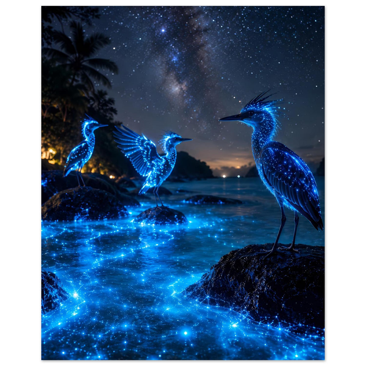 Poster im Hochformat mit drei blau leuchtenden Nachtvögeln auf Felsen und Galaxie-Glanz