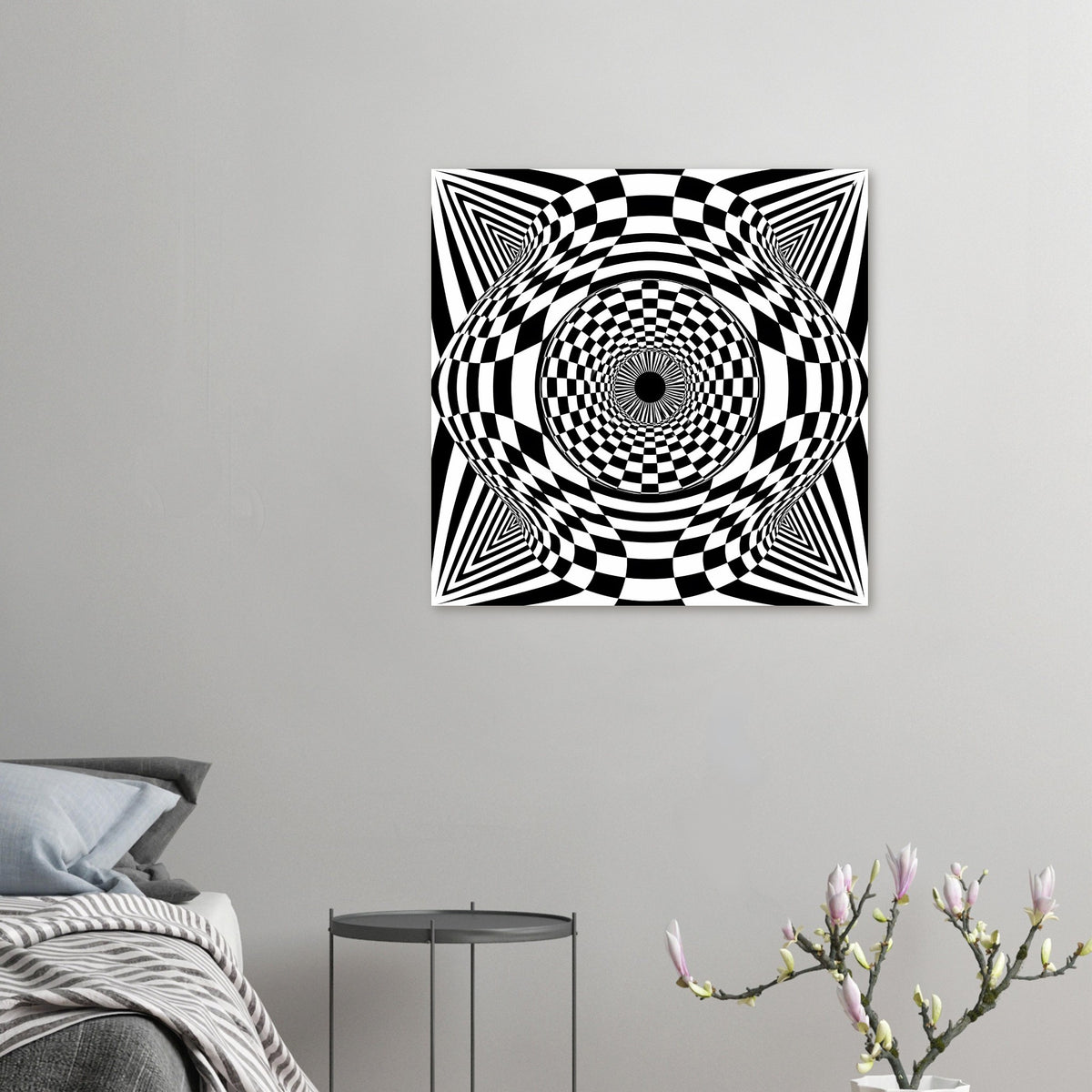 Kleines Wandposter mit Schwarz-Weiß-Schachbrettkreis und Rauten-Rahmung als Illusion
