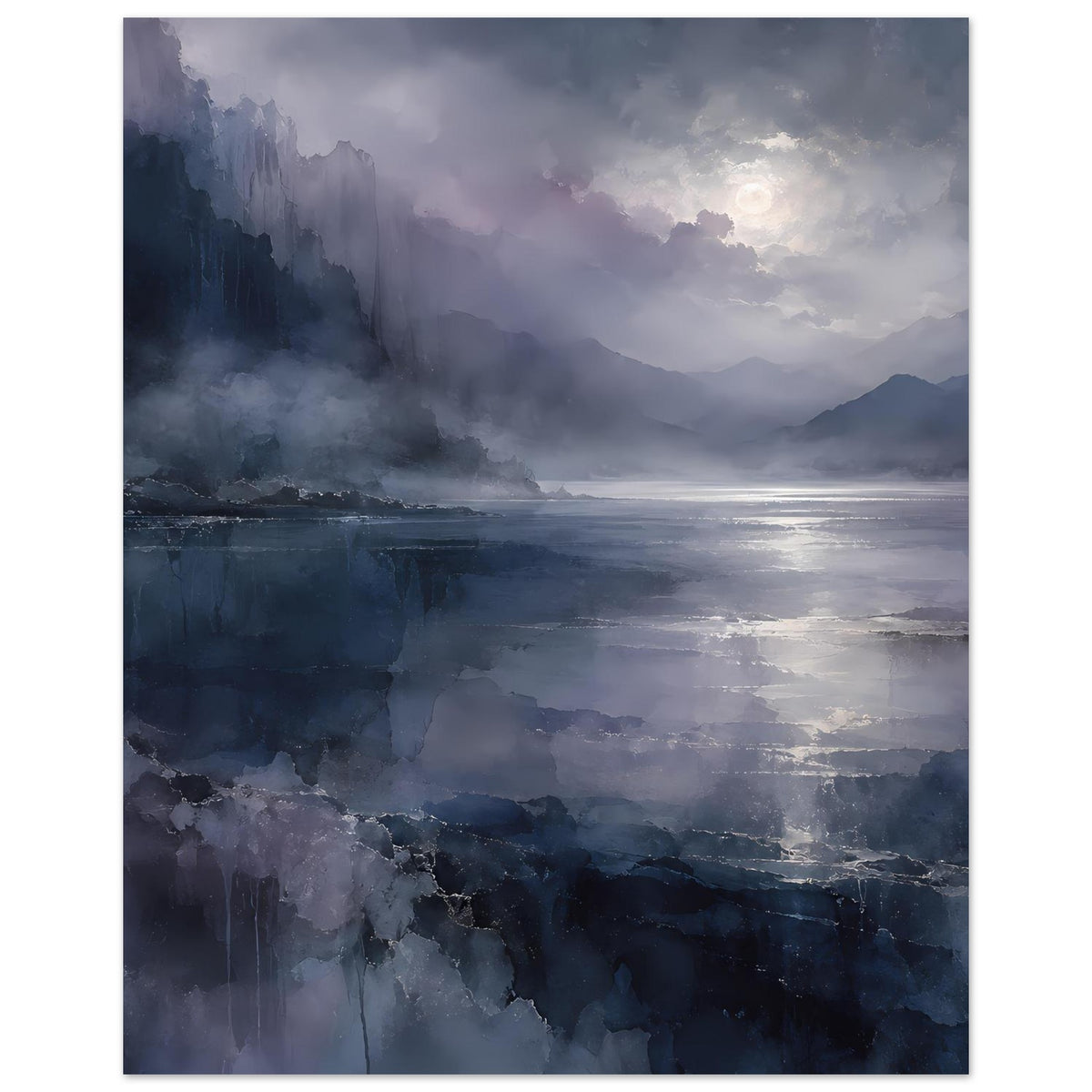 Hochformat-Poster mit dramatischen Bergen, Nebelschleiern und Lichtreflexen auf dem Wasser.