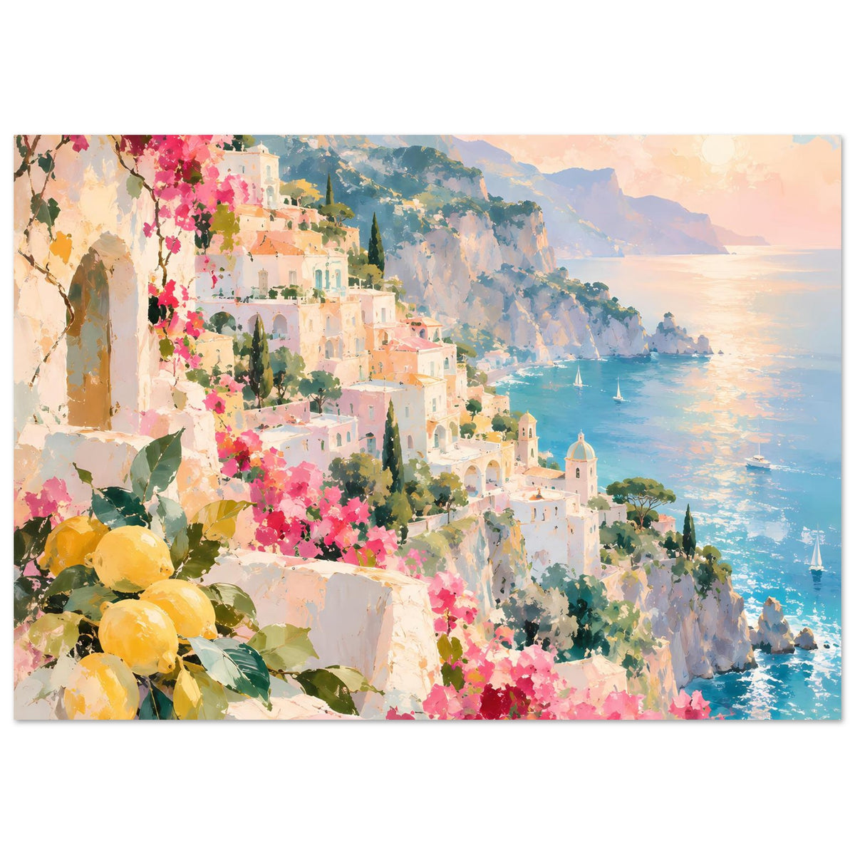Mediterranes Küstenstadt-Poster im Querformat, pinke Blüten und Zitronen am Felsen