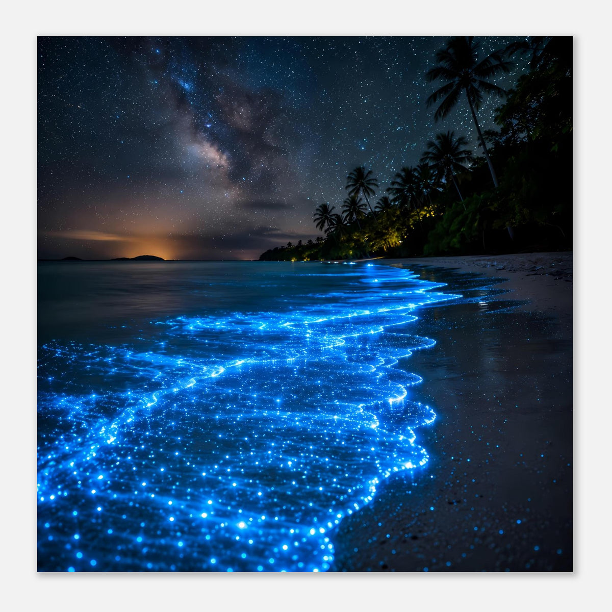 Strandposter mit blauem Leuchten am Meereswasser und dunkler Küstenlinie