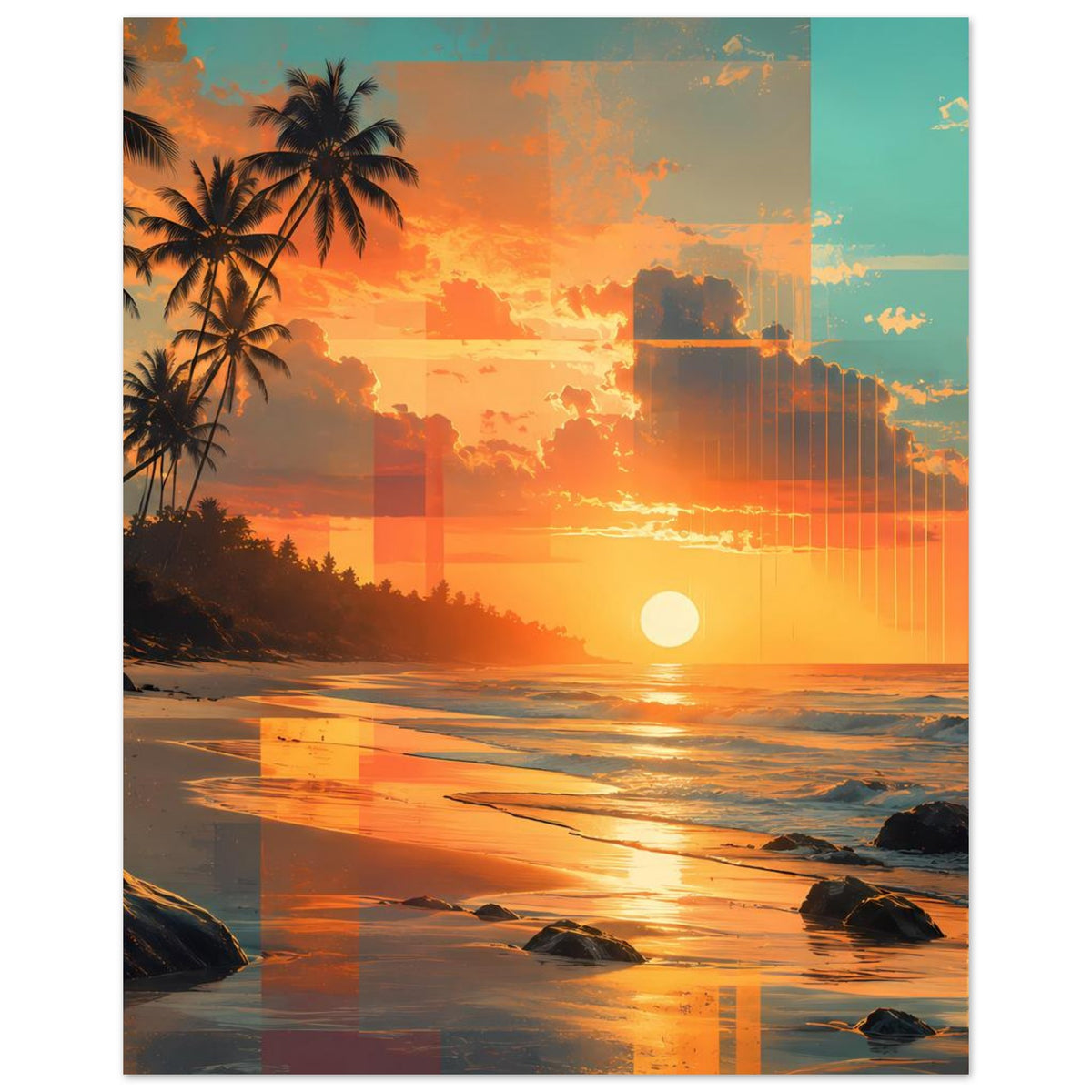 Strandposter im Querformat mit Palmen, orangefarbenem Himmel und reflektierendem Meer