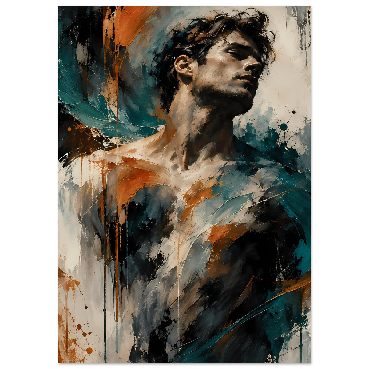 Kunstposter mit Porträt im Hochformat, dunkle Haare, Teal- und Rostorange-Akzente