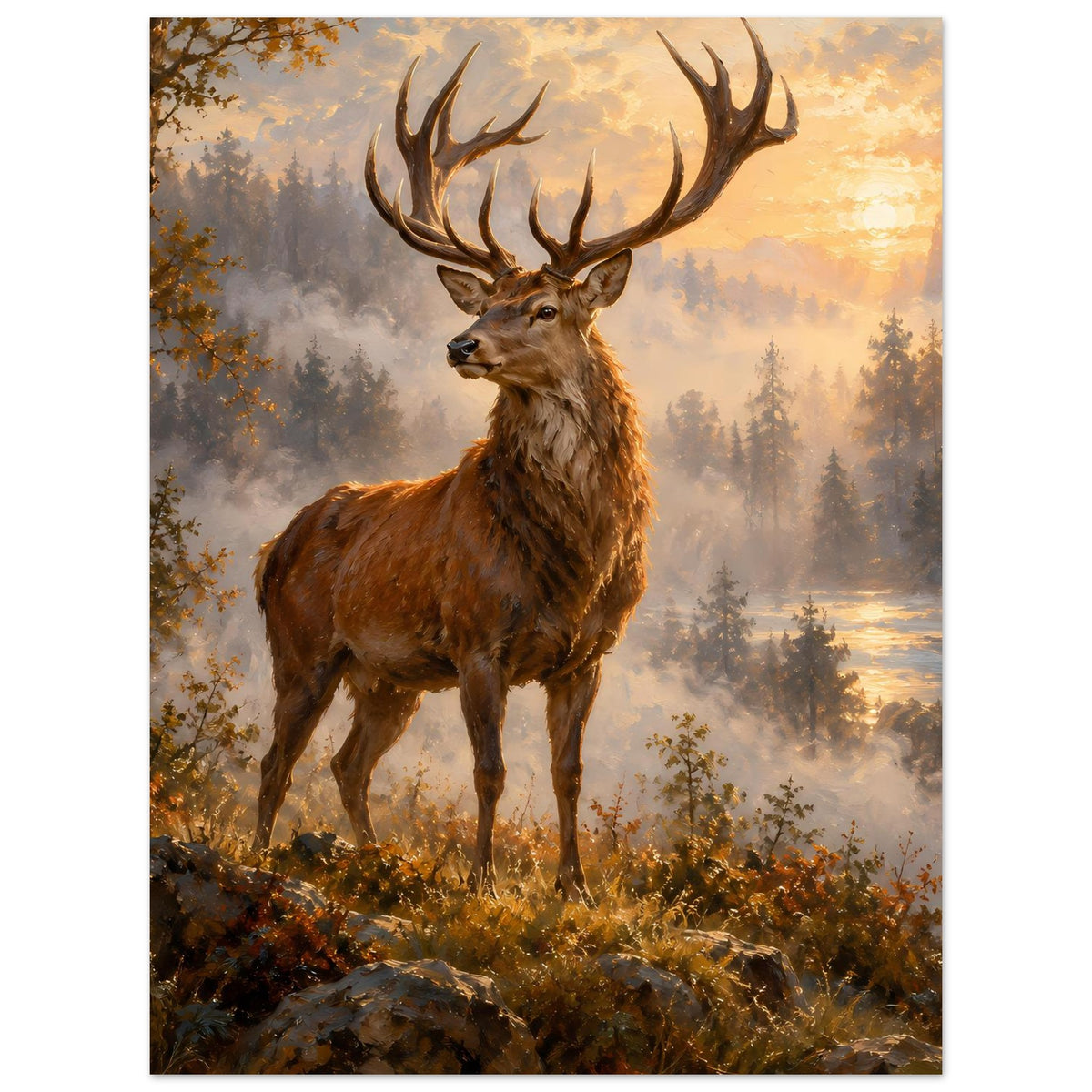 Hirsch-Sunrise-Poster mit großen Geweihhörnern, Vollbild auf Premiumpapier