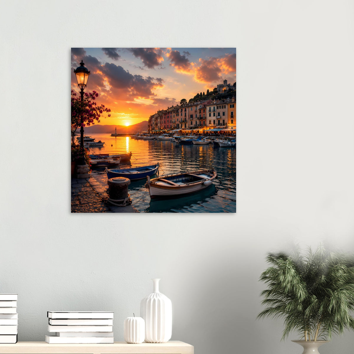 Quadratisches Poster mit Hafen-Sonnenuntergang, Booten und Uferbebauung