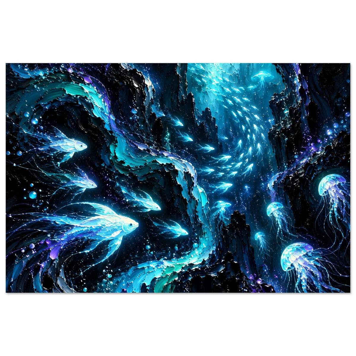 Querformat-Poster mit leuchtendem Meeresleben: blau leuchtende Fische, Quallen und Korallen