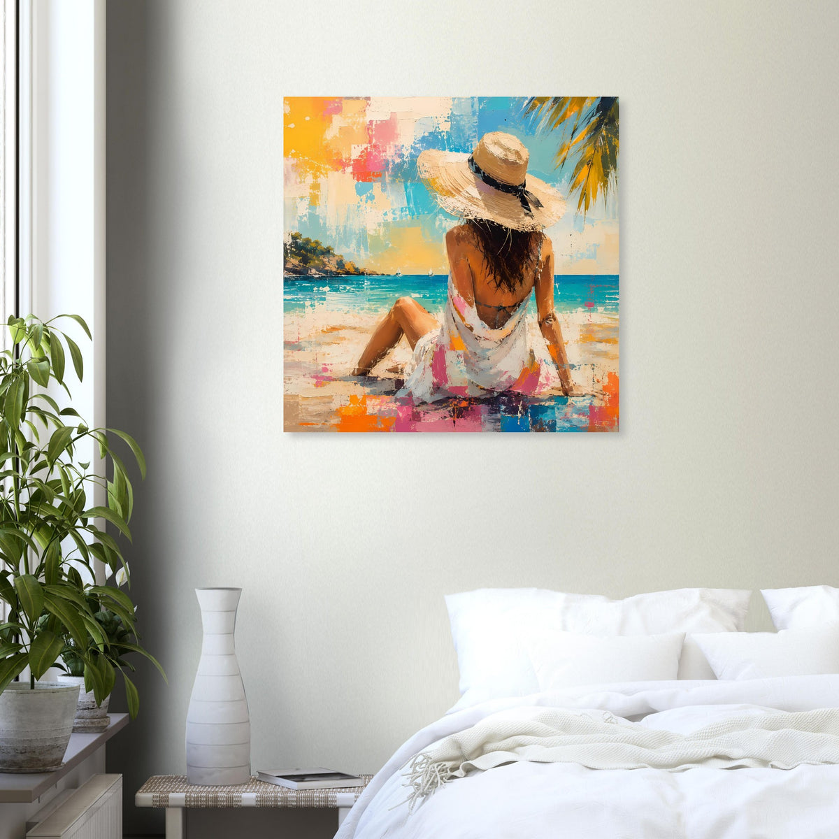 Quadratisches Poster mit Frau im Strohhut, Strandmotiv in kräftigen abstrakten Farben