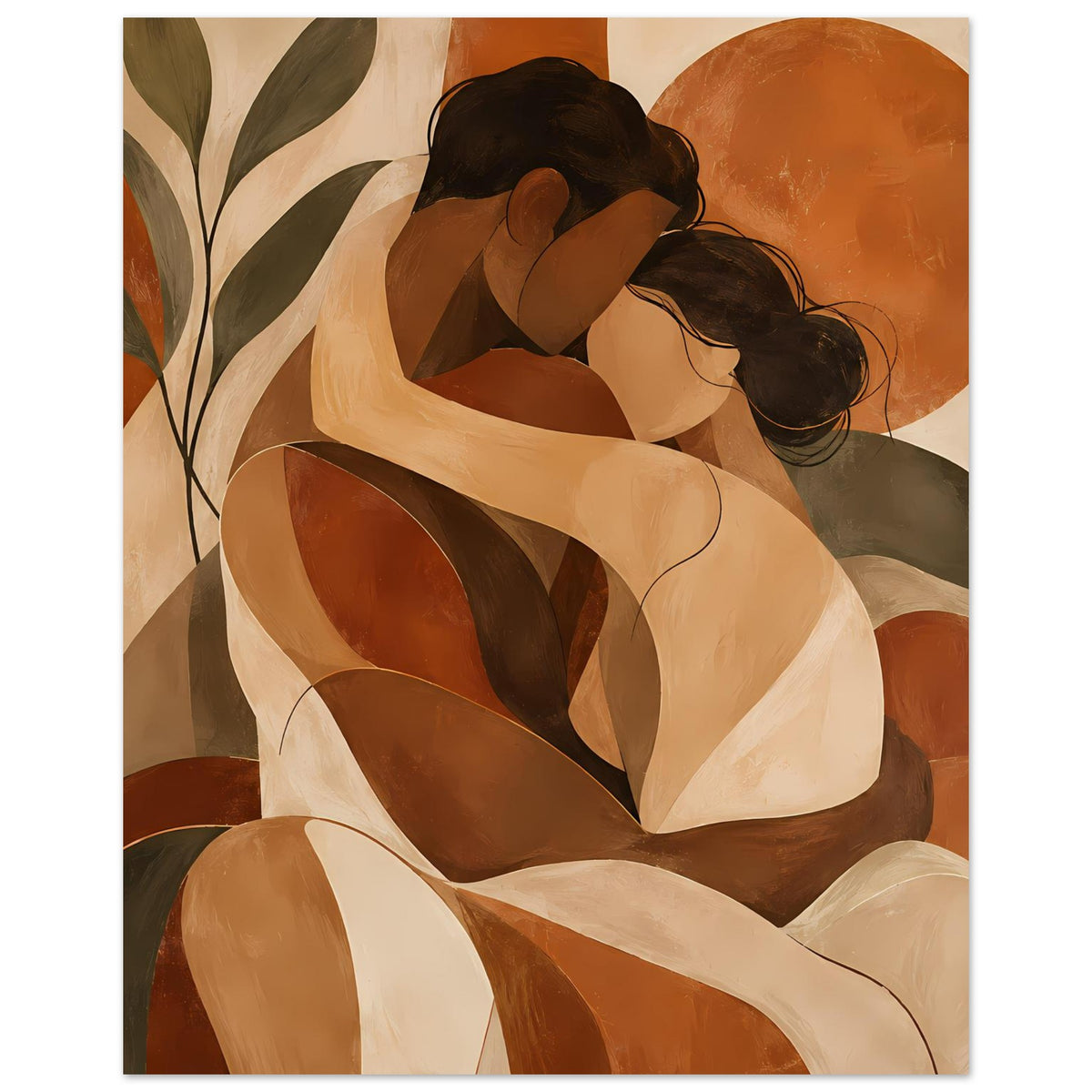 Poster im Hochformat mit abstrakter Umarmung, stilisierte Formen in Terrakotta und Beige
