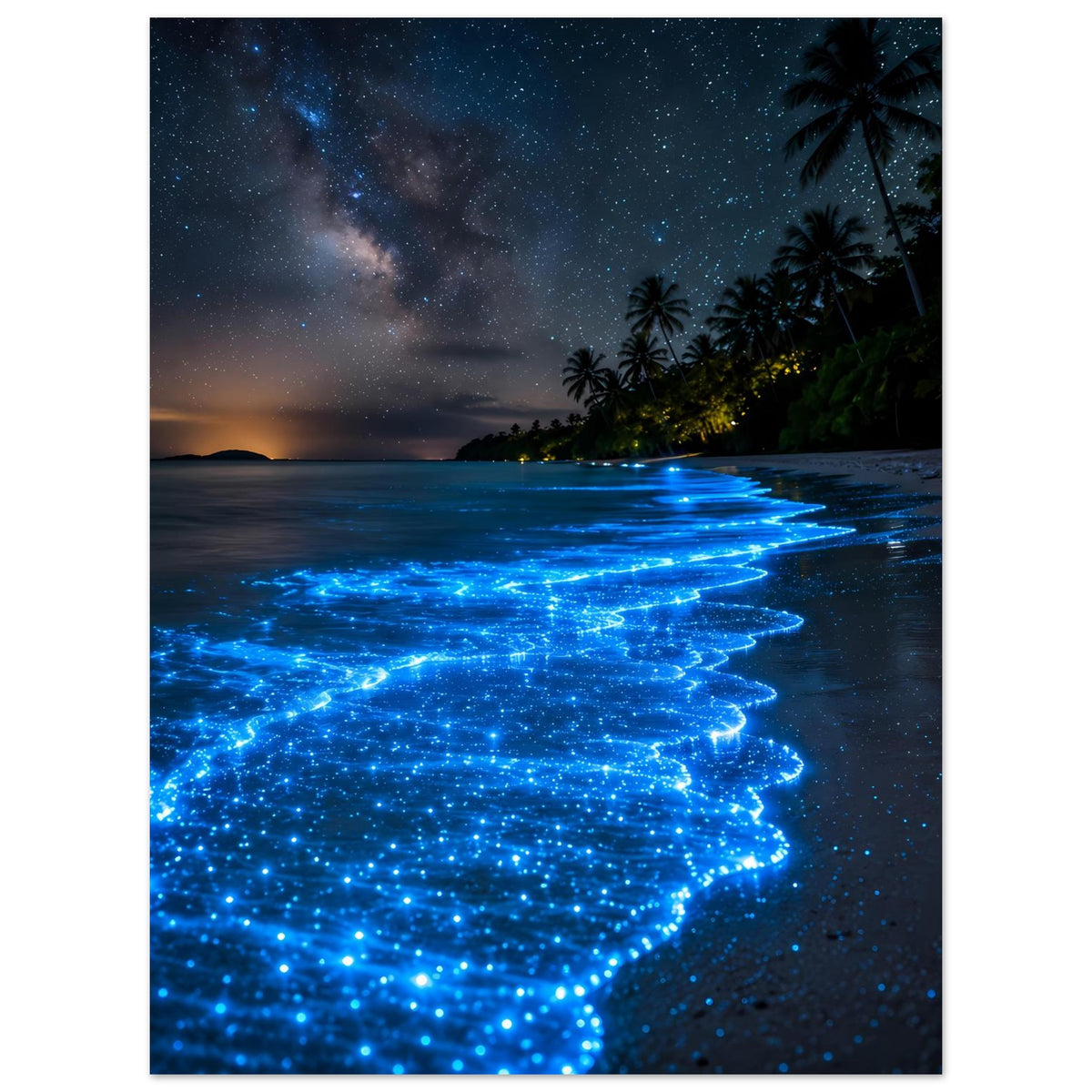 Meeresposter: leuchtend blaue Wellen am Strand mit Sternenhimmel und Palmen