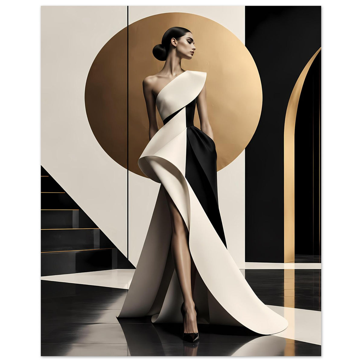 Modeposter mit Model im schwarz-weißen Abendkleid, vertikal