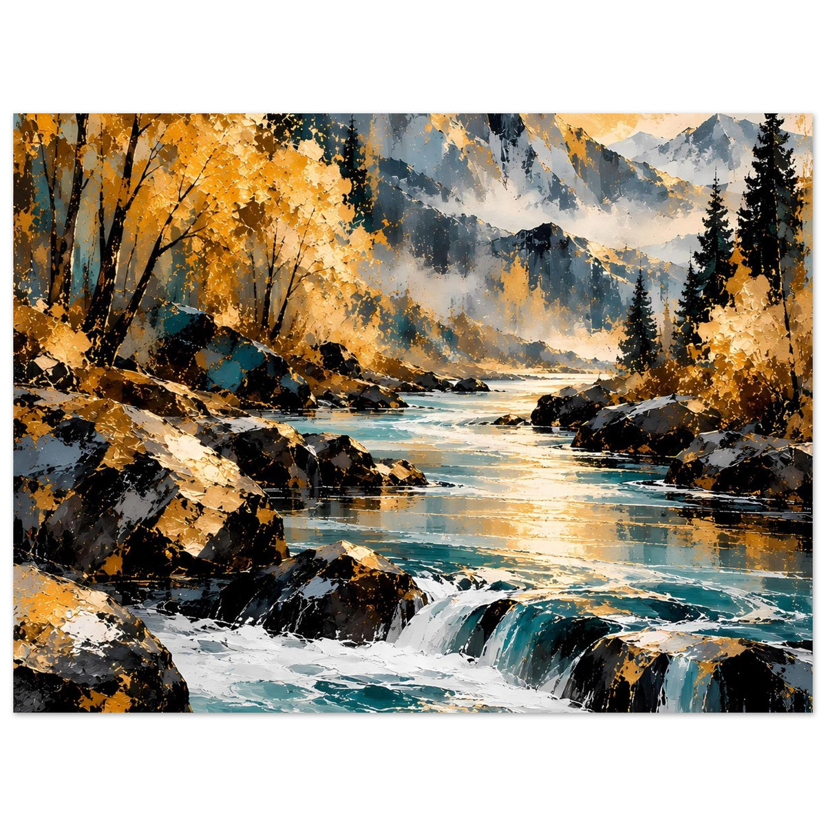 Querformatposter mit Herbstlandschaft: goldene Bäume, Fluss mit Wasserfall und Felsen