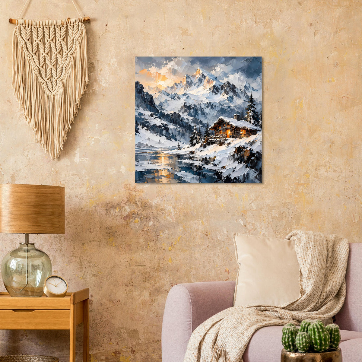 Poster mit Winterhütte, verschneite Berglandschaft mit warmen Lichtern im Tal