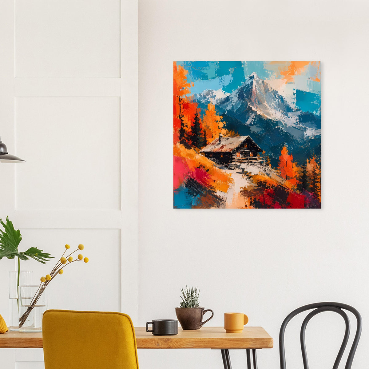 Quadratisches Wandposter mit Berggipfel, Hütte und Herbstwald in leuchtenden Farbtönen.
