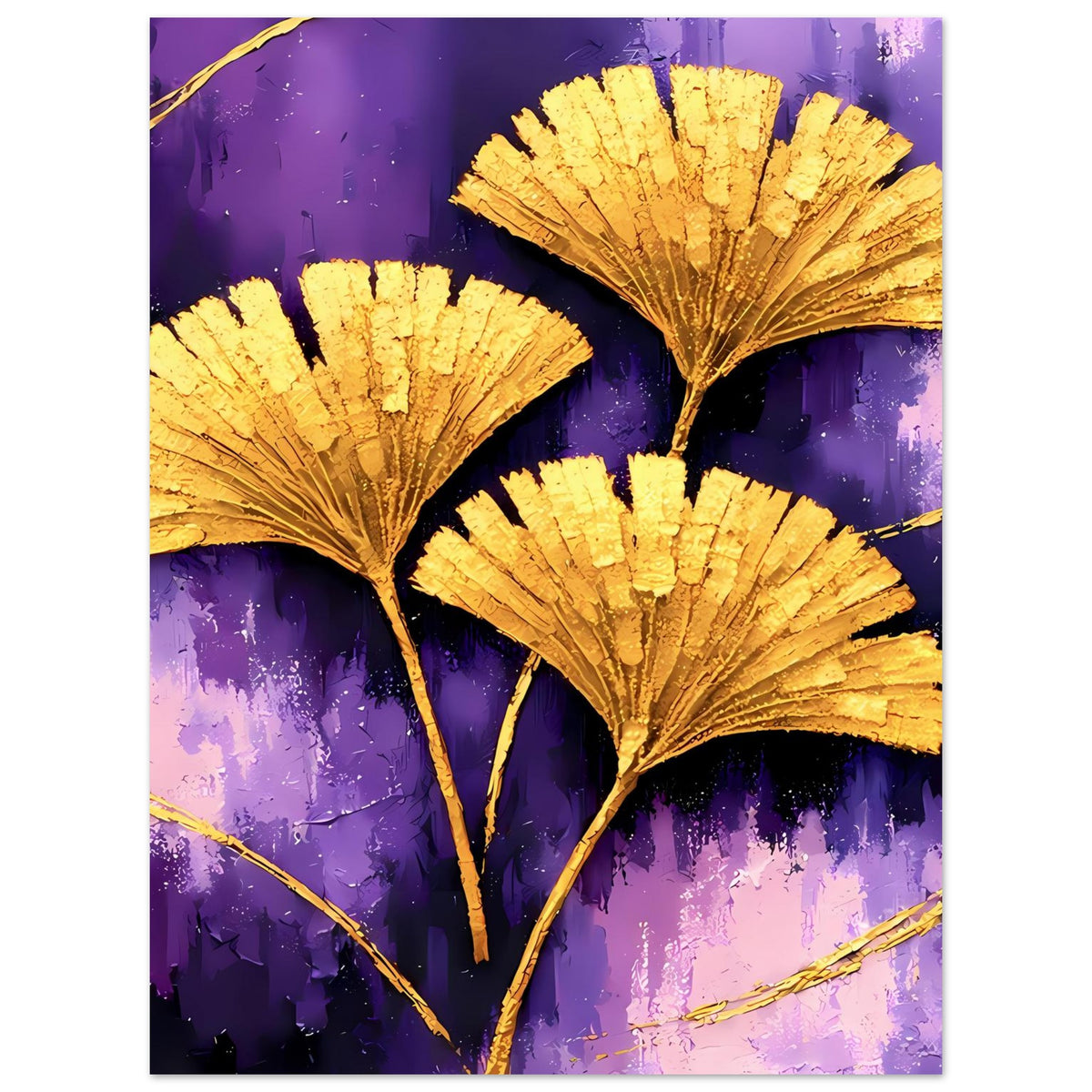 Poster mit drei goldenen Ginkgo-Blättern und violettem Farbverlauf