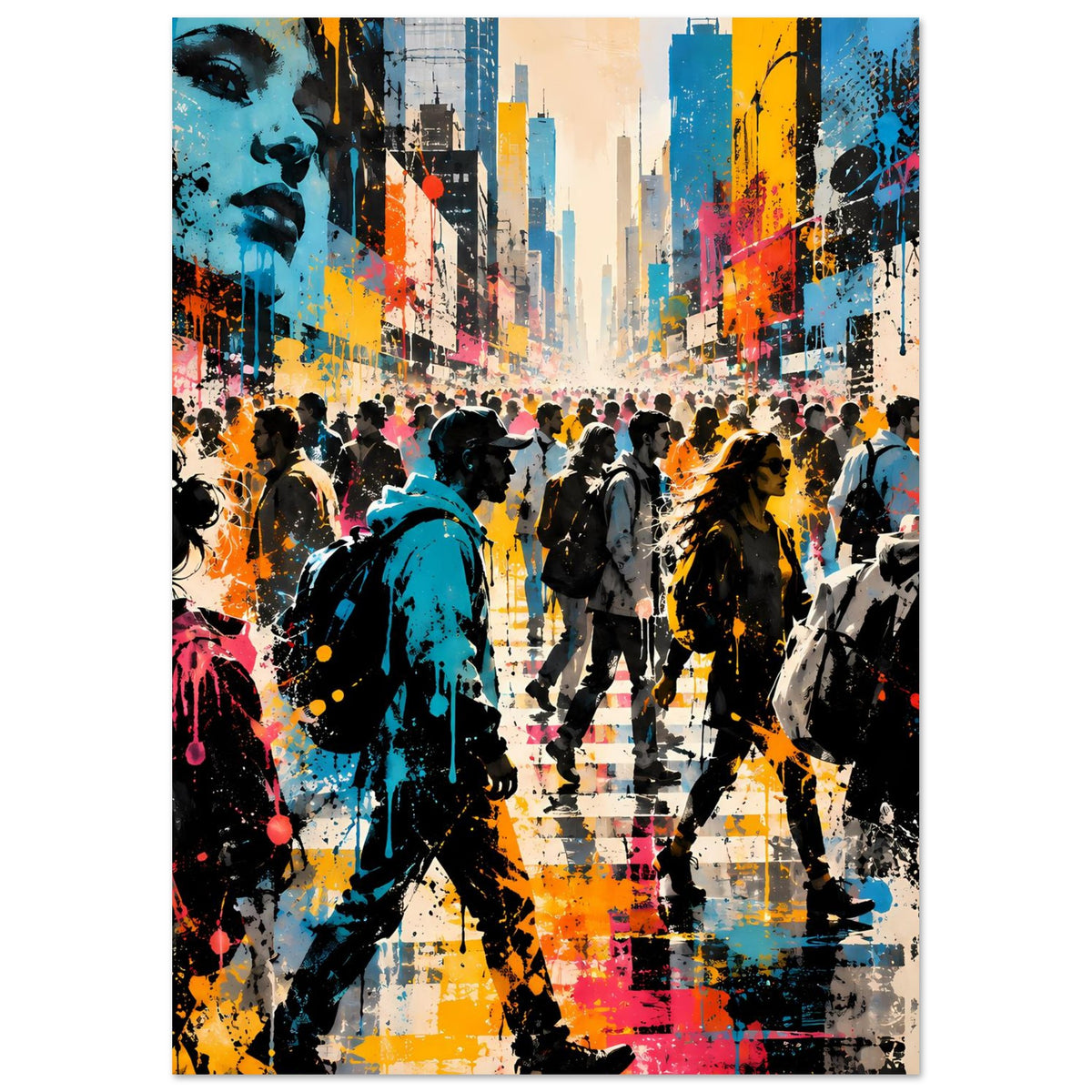Street-Art-Poster im Hochformat: Stadtstraße mit Graffiti-Farbflächen, belebtem Fußgängerbereich