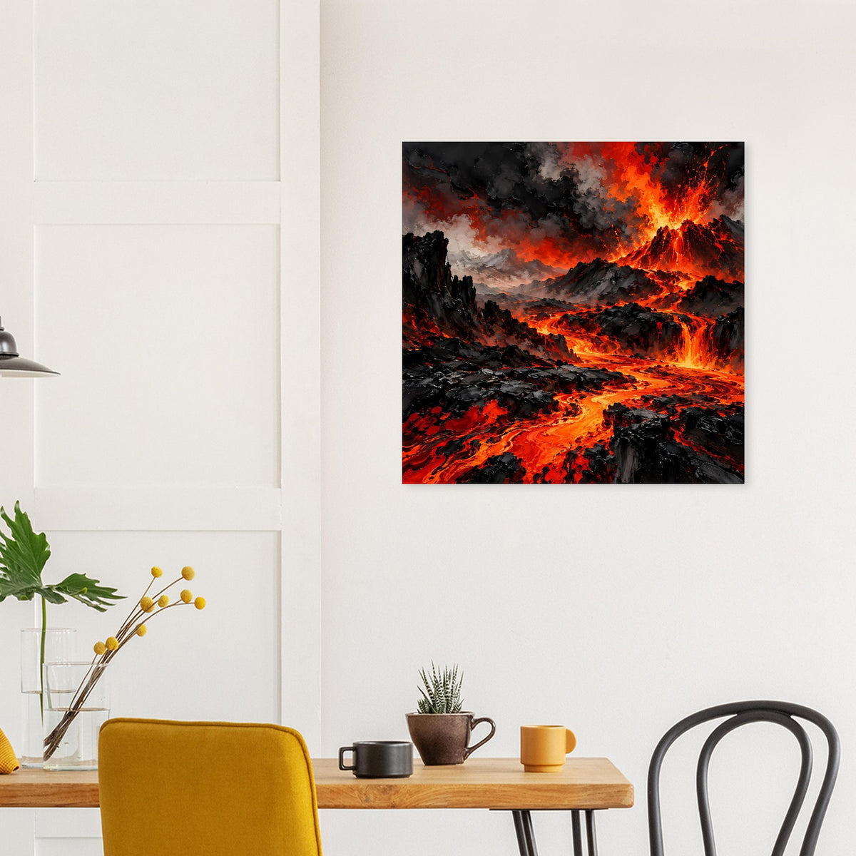 Quadratisches Vulkan-Ausbruch-Poster: brennende Lavawege, Rauchwolken und glühende Krater im Dunkelrot