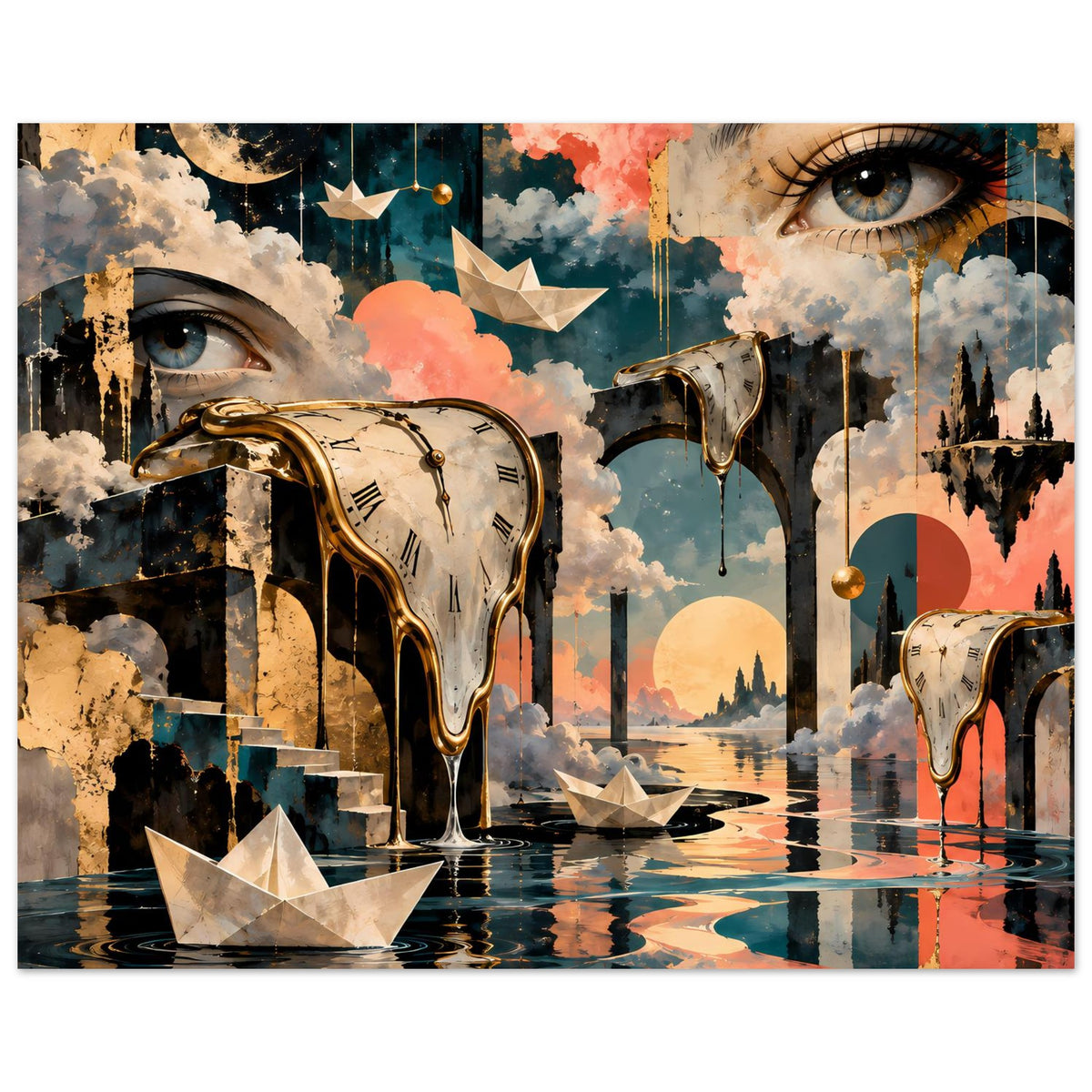 Surreales Poster mit schmelzender Uhr und Augenpaar, umgeben von Wolken und warmen Farbtönen