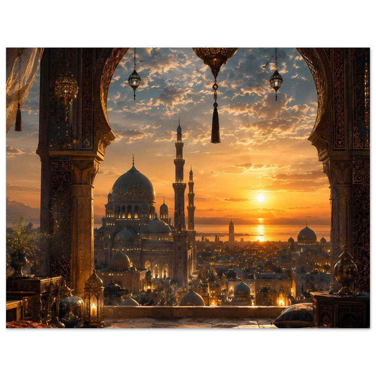 Panoramisches Druckposter mit Moschee bei Sonnenuntergang, Rundbogen und Säulen im Vordergrund