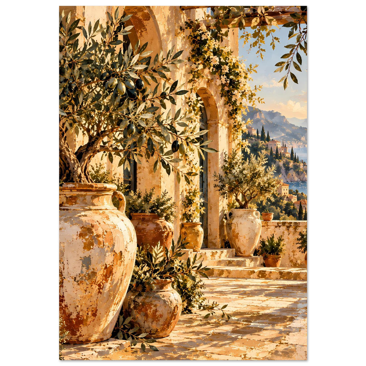 Kunstposter mit Terrakotta-Krügen, Olivenlaub am Geländer und Blick auf eine mediterrane Landschaft