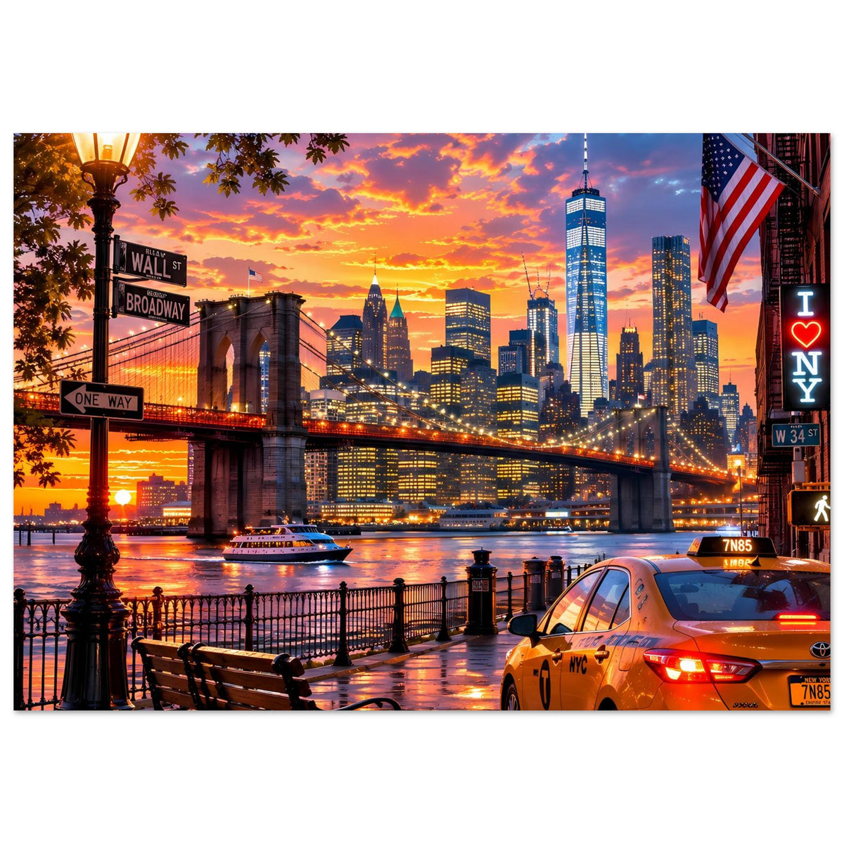 Poster zeigt New York Skyline bei Sonnenuntergang, Brooklyn Bridge, Gelbtaxi und Flagge