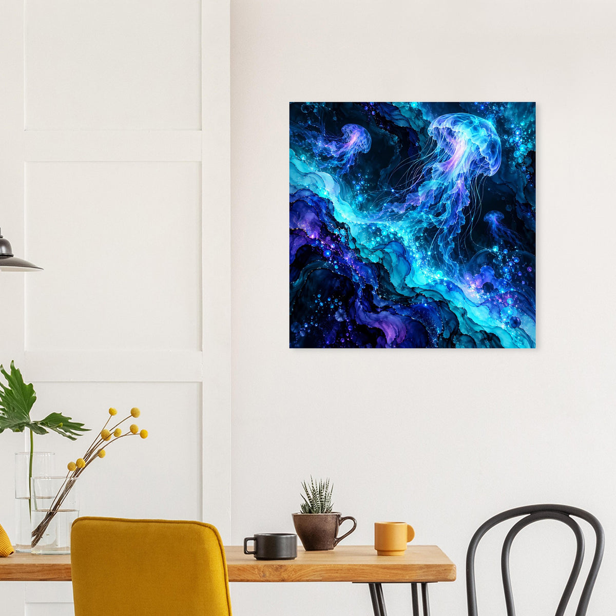 Leuchtendes Quallen-Poster mit kräftigen blauen Lichtlinien und violetten Nebeln, quadratisch