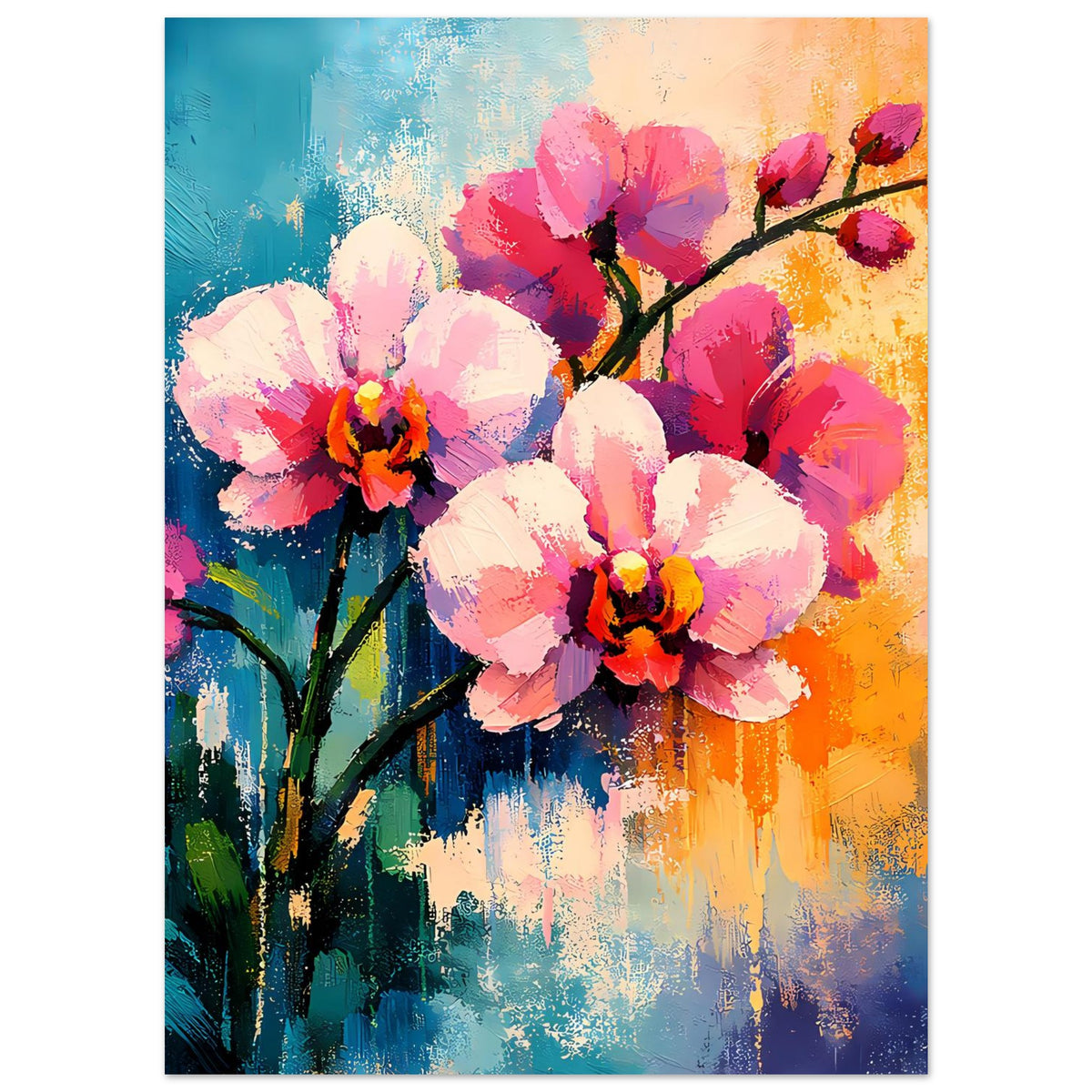 Blumenposter im Hochformat: Blütenzweig mit rosa und weißen Blüten auf buntem Farbgrund