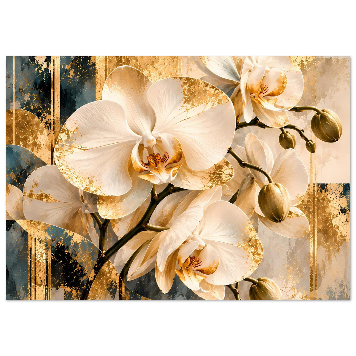 Orchideen-Wandposter mit weißen Blüten und goldenen Akzenten, abstrakte Kreise und Zweige.