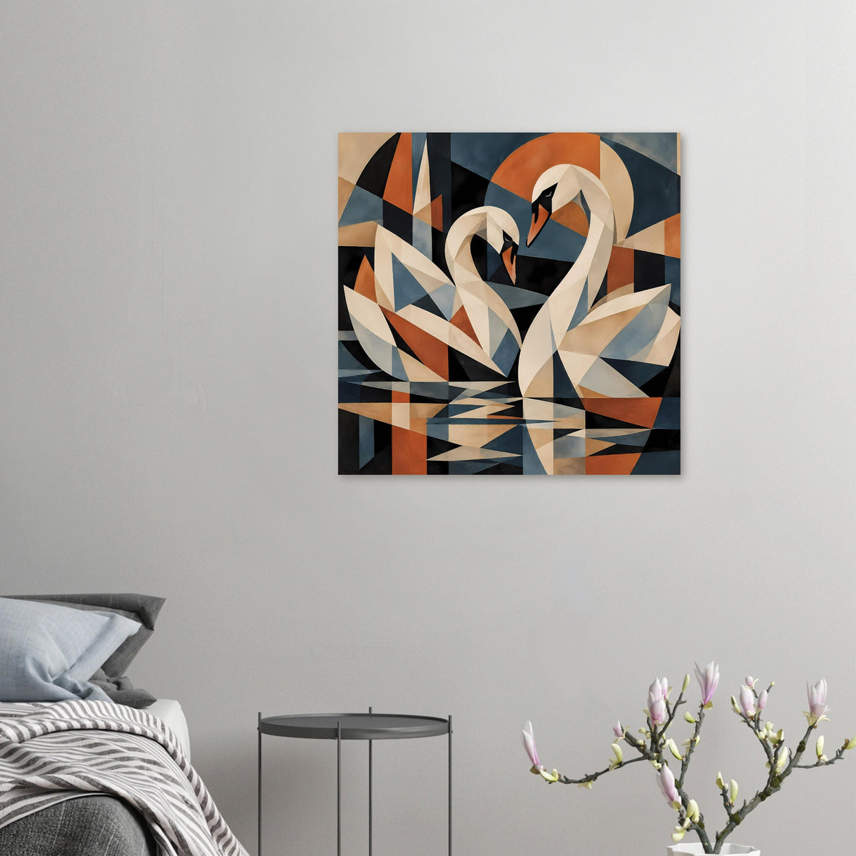Kleines Schwanen-Poster im kubistischen Stil mit beige Formen und kräftigen orange-blauen Akzenten