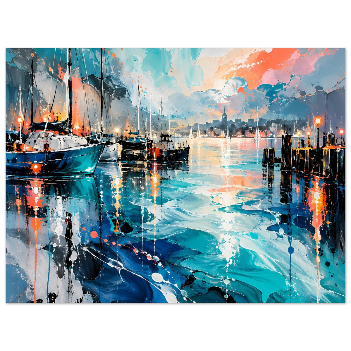 Querformat-Poster mit abstrakter Hafenlandschaft, Segelboote, Blick auf beleuchtetes Ufer